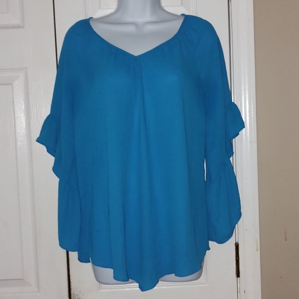 Cato turquoise sheer   tapered sleeve blouse  Sz M